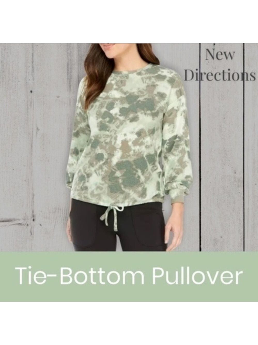 NEW DIRECTIONS Green Tie-Dye Print Bottom-Tie Cozy Hacci Knit Top/LG NWT